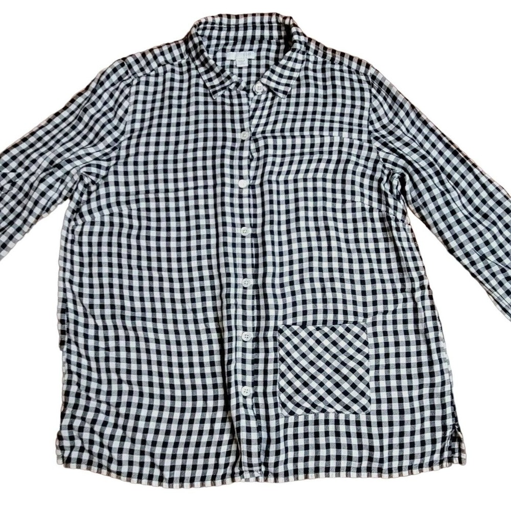 J Jill Gingham Plaid Button Up‎ Shirt XS Black White Long Sleeve Pocket Western